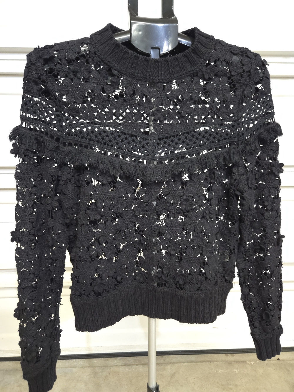 "Sea NY" Black Crocheted Fringe Crewneck Sweater Size Small